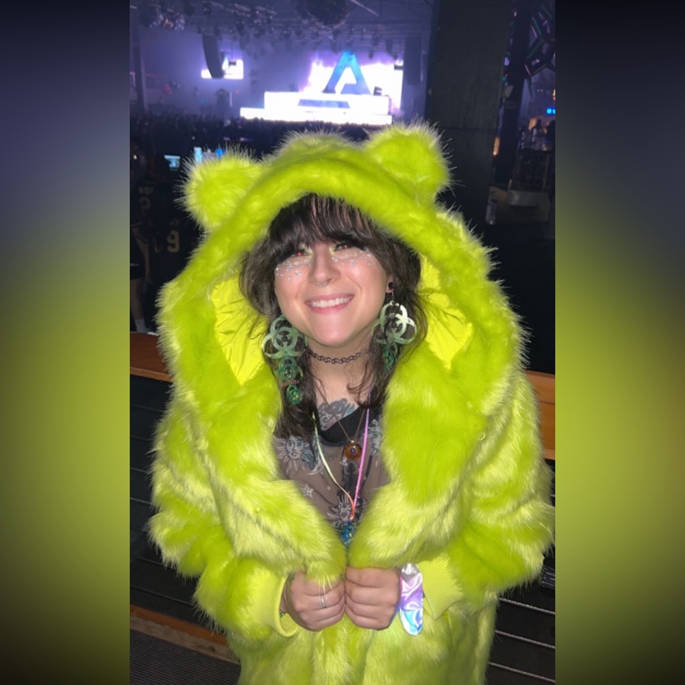 Lime green Dolls Kill teddy bear fur coat. Size 2XL